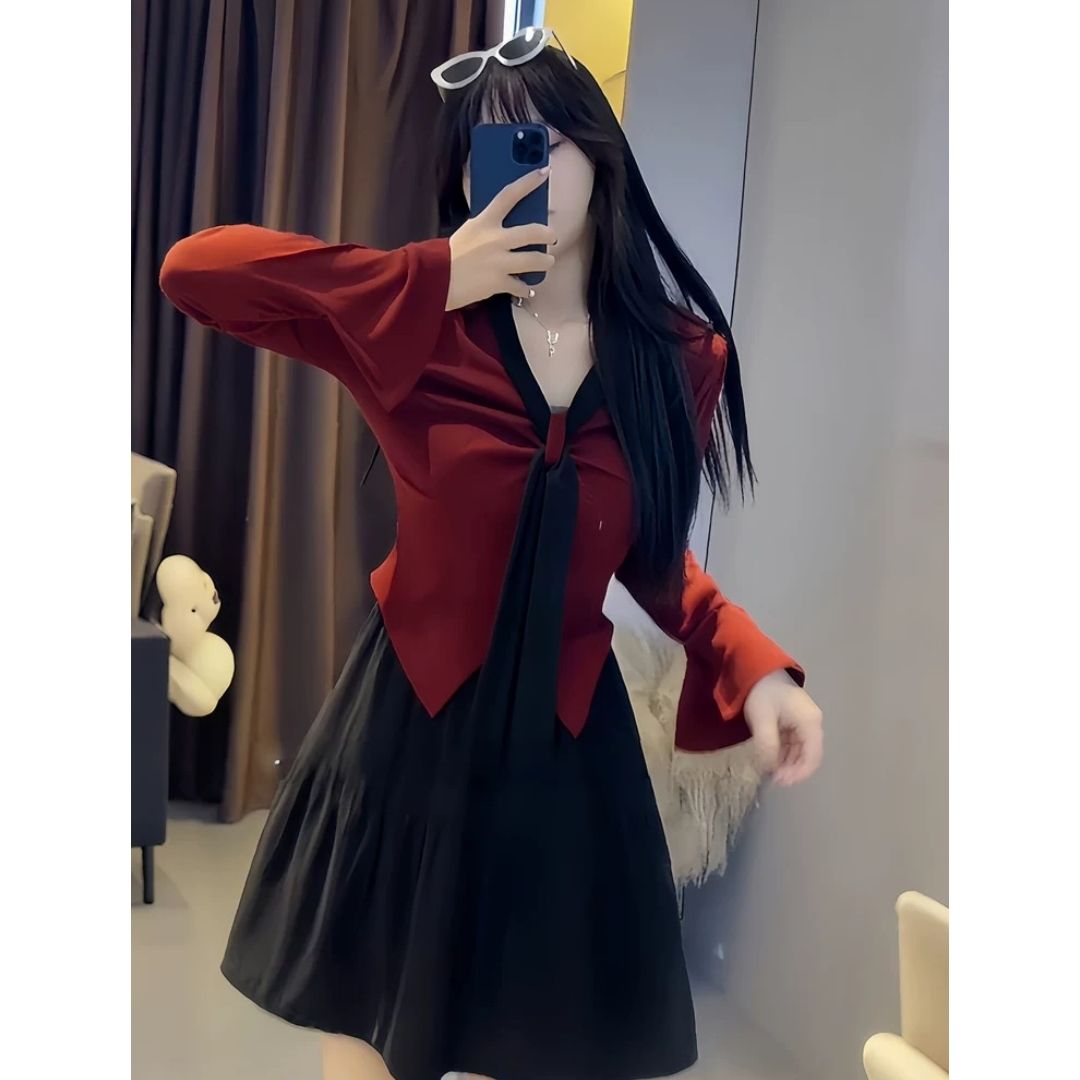 大码不规则t恤女春季内搭胖mm显瘦假两件v领学院风打底衫红色上衣