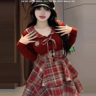 高级感小个子香风套装 法式 2025新款 连衣裙子女秋冬季 红色格纹长袖