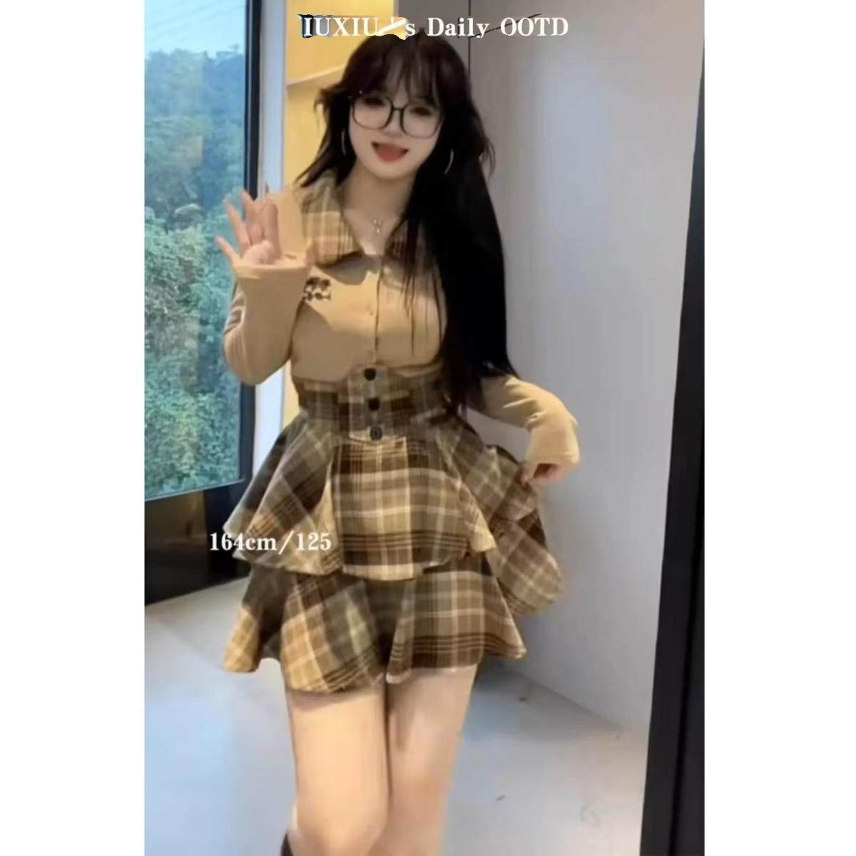 大码纯欲风撞色格纹衬衫女秋冬胖mm格纹鱼骨束腰短裙显瘦气质套装图片