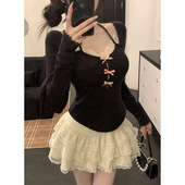 纯欲蕾丝拼接挂脖上衣女春夏新款 高腰显瘦蓬蓬蛋糕裙套装 女俩件套