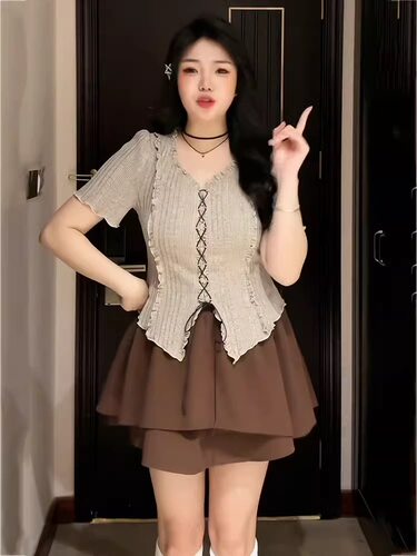 大码纯欲套装短袖上衣+半裙两件套女夏季微胖mm巨显瘦搭配一整套