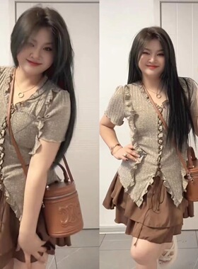 胖mm夏日新款辣妹套装纯欲复古显瘦上衣短袖+半身裙气质小套装