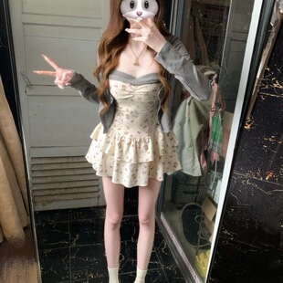 开衫 2025夏季 显瘦气质温柔风吊带连衣裙 甜辣碎花修身 外套女 新款