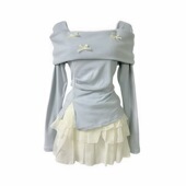 显瘦蛋糕短裙 设计感蝴蝶结长袖 新款 不规则T恤纯欲风修身 2025春季