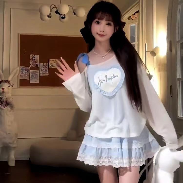 甜美设计感时尚上衣2024新款修身显瘦高腰拼接蛋糕短裙套装ins