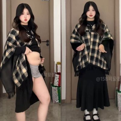 大码千金感时尚洋气套装女秋冬新款胖mm格子披肩斗篷连衣裙两件套