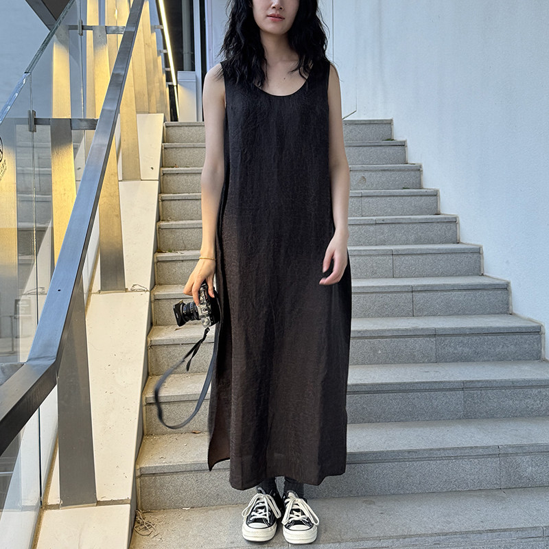 复古时尚真丝香云纱U领茧型肩带连衣裙女士无袖背心裙