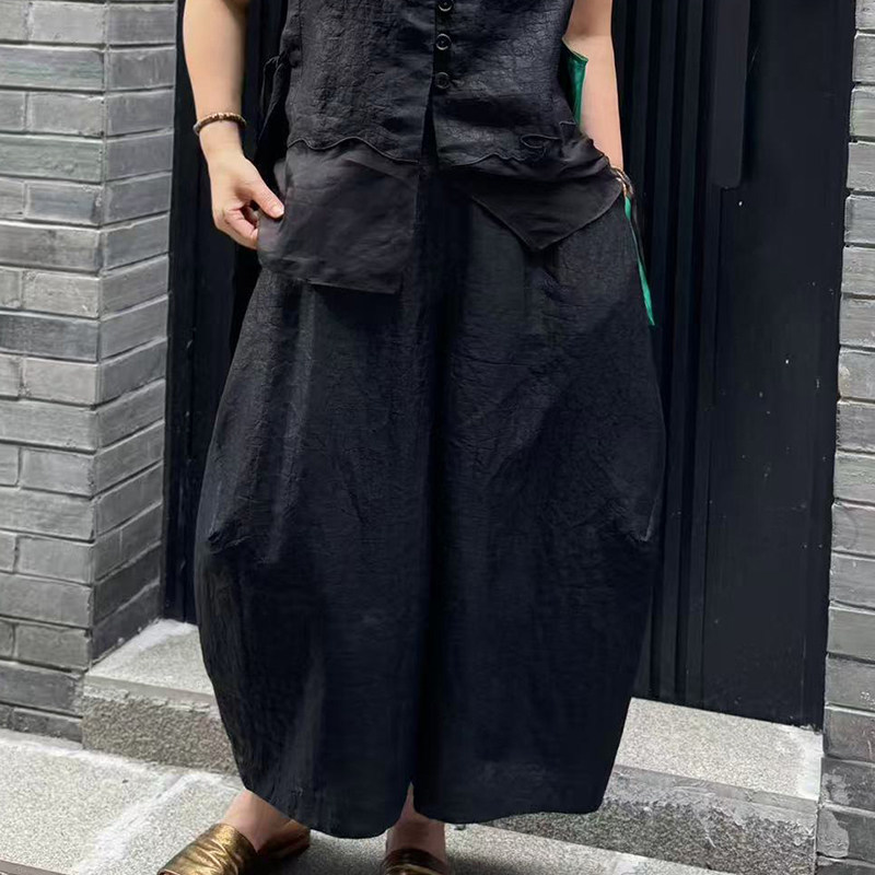 真丝香云纱解构花苞裙裤 纯黑色休闲阔腿裤