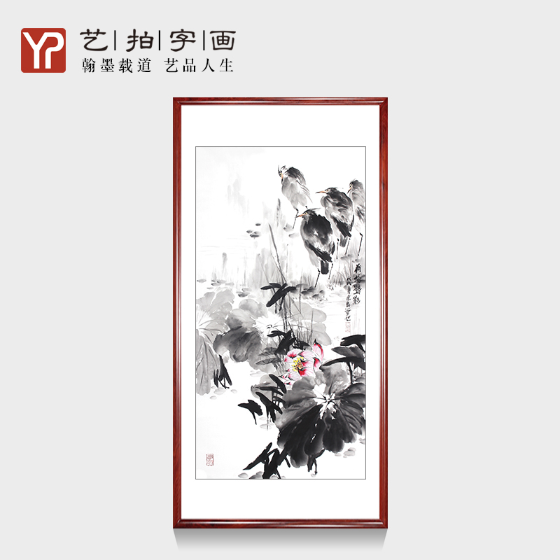 纯手绘水墨花鸟荷花国画中式客厅餐厅酒店装饰画走廊背景墙家居画图片