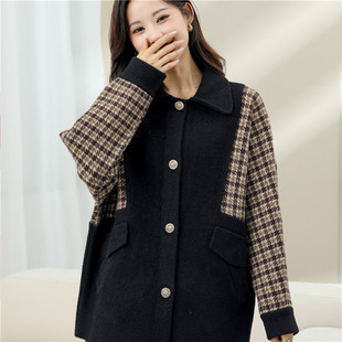 2023新款韩版秋季外套女宽松千鸟格大开衫秋冬慵懒风加厚毛呢大衣