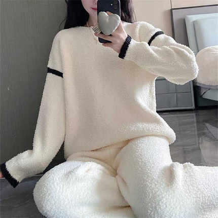 半边绒睡衣女秋冬款2024新款套头保暖珊瑚绒家居服套装宽松两件套