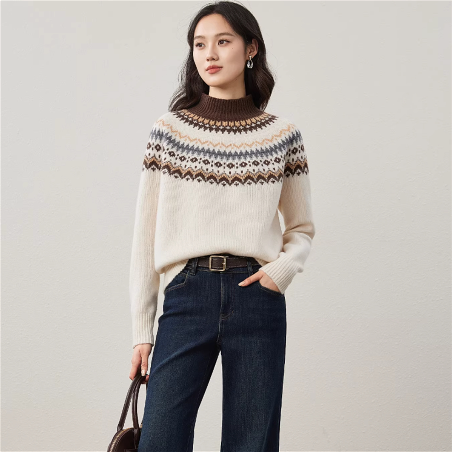 秋冬费尔岛风提花毛衣女半高领宽松针织衫外搭慵懒风上衣打底衫厚