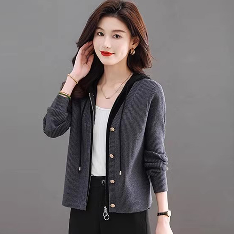 春秋新款连帽针织开衫女拼色外搭