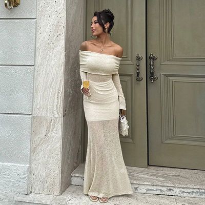 YJ25314跨境一字肩长袖闪闪连衣裙两件套 2025秋季新款性感包臀裙