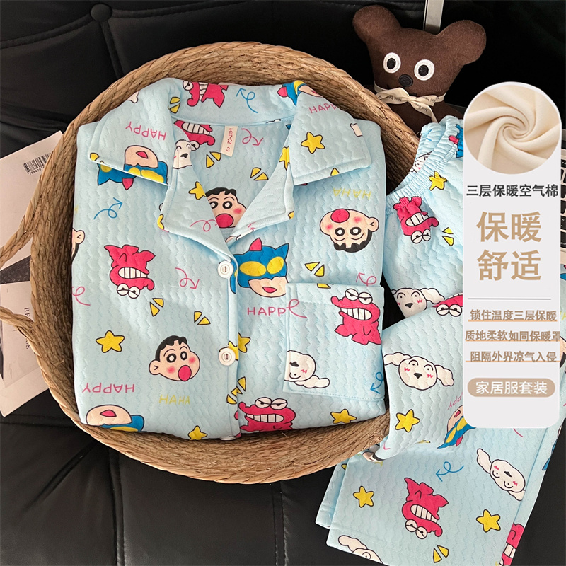 蜡笔小新纯棉女款长袖可爱睡衣套装空气棉加厚保暖大码少女家居服