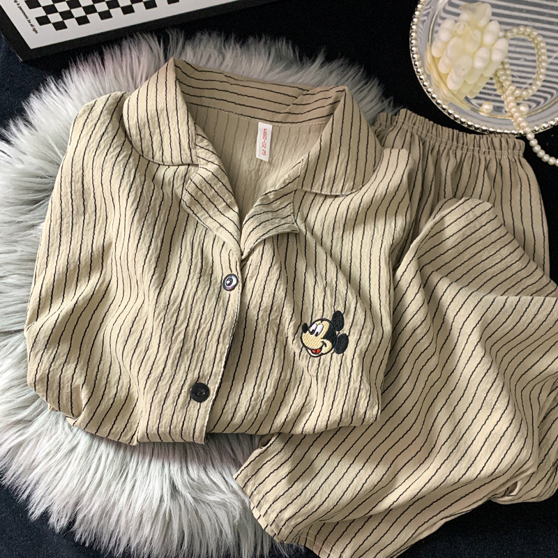 情侣款睡衣女春秋季新款长袖两件套卡通条纹米奇可爱风家居服套装