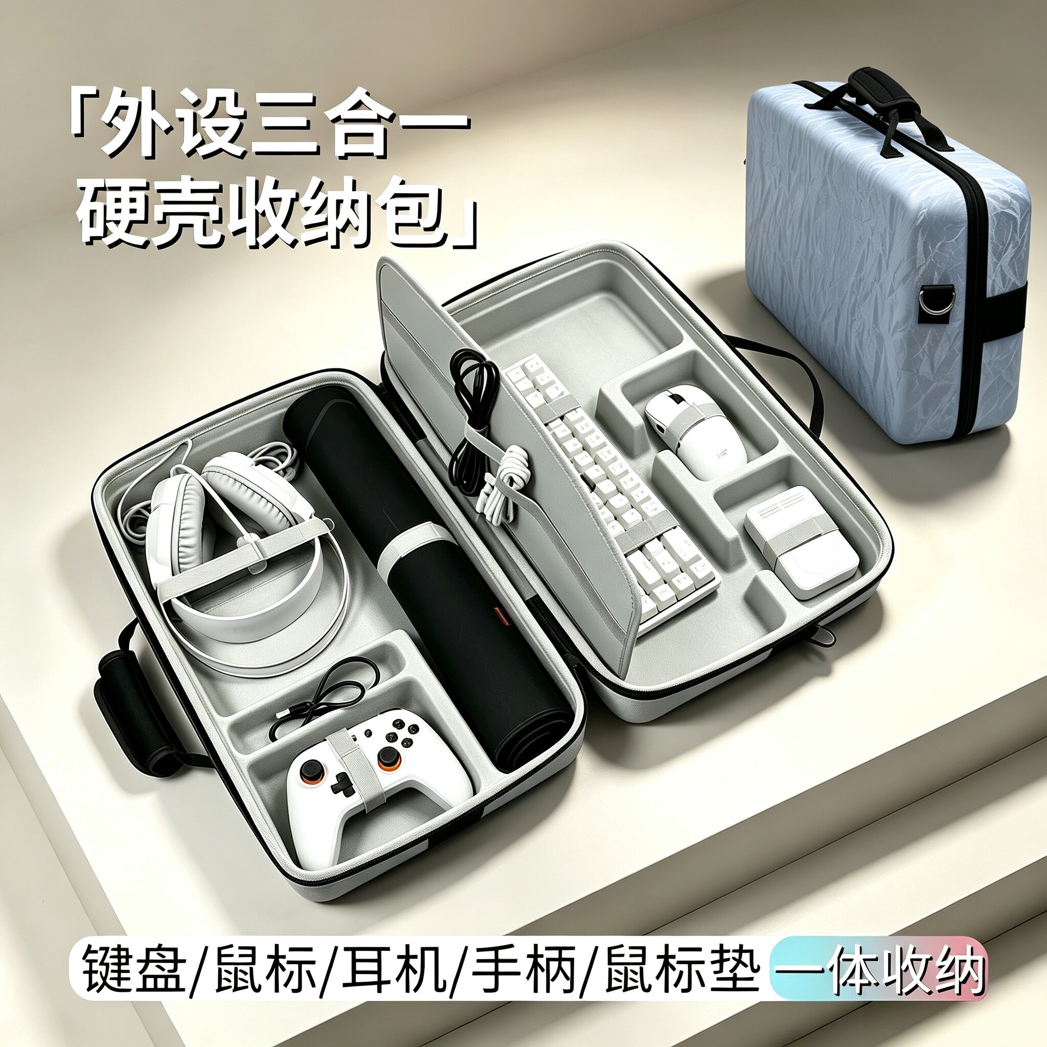 电竞外设三合一收纳包键盘鼠标耳机一体收纳箱手柄鼠标垫三件套包图片