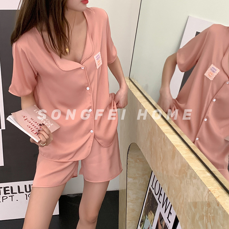 特价睡衣女夏季短袖短裤薄款翻领开衫仿真丝宽松家居服休闲套装