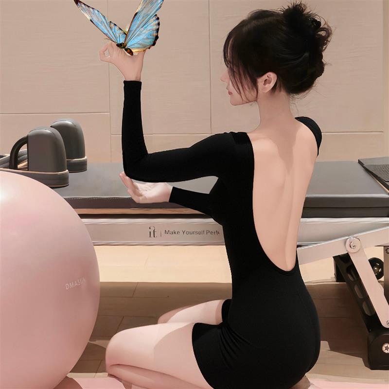 英国长袖连体瑜伽服女带胸垫