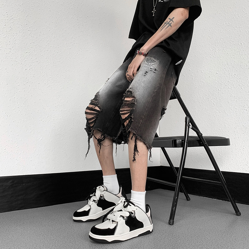 RIPPED DENIM SHORTS MENS SUMMER THIN OVER-THE-KNEE MIDDLE PANTS RAW EDGES BEGGARS FRIED STREET PANTS HIGH STREET TIDE INS