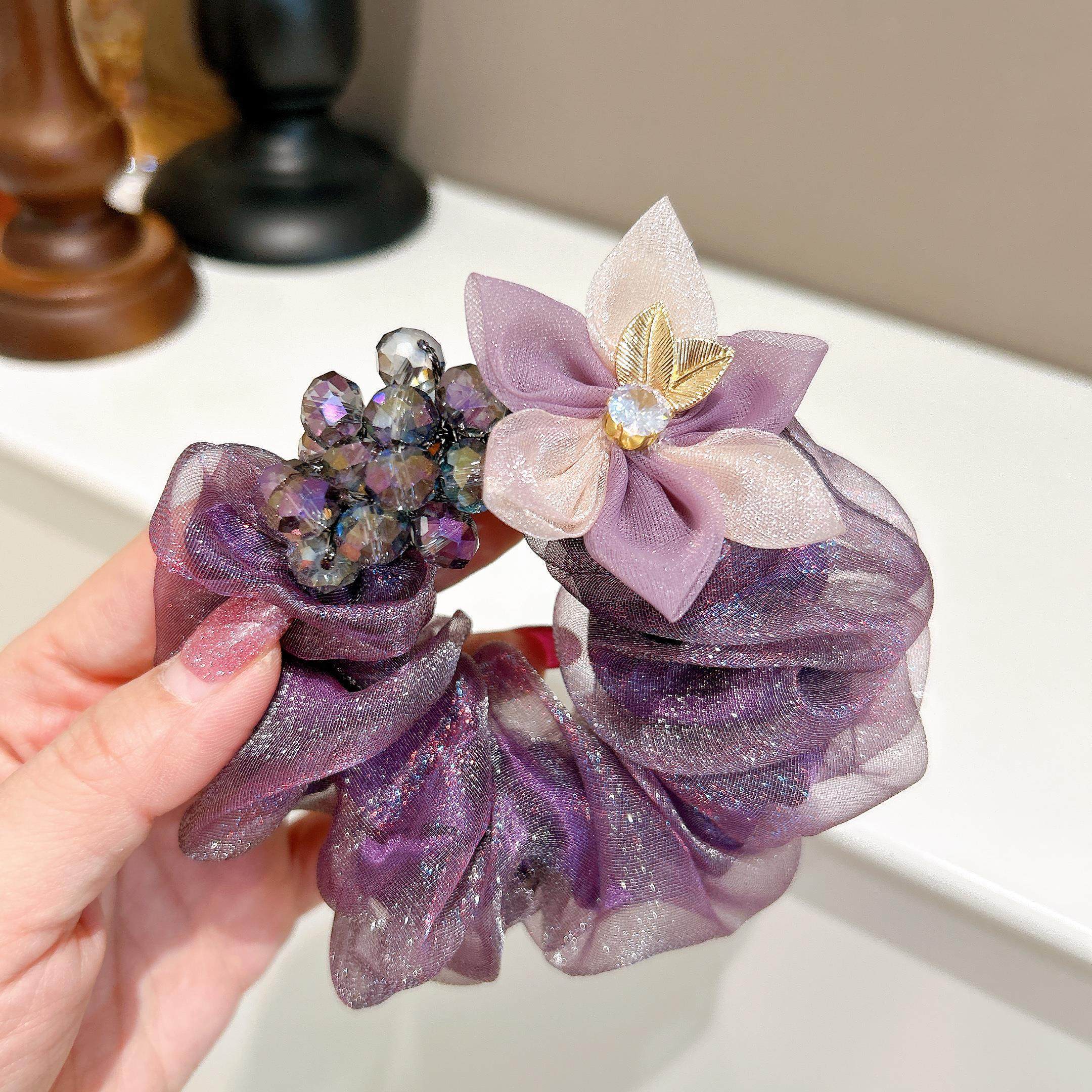 春夏新款欧根纱大肠圈紫色温柔气质花朵头花高级丸子盘发头绳发绳,童装/婴儿装/亲子装,发饰,淘宝优惠券,粉丝福利购,淘宝优惠卷