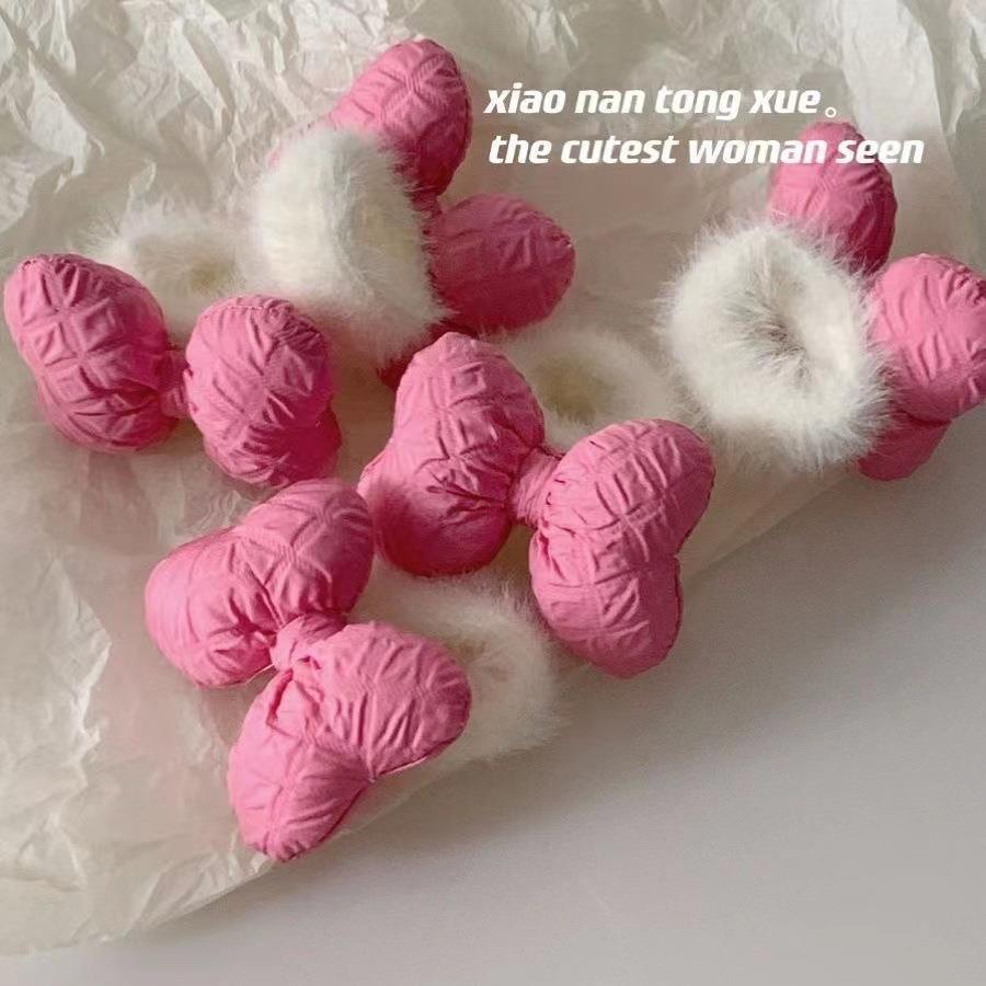 可爱百搭小枕头粉色蝴蝶结儿童发圈学生女童白色毛绒绒毛巾圈发绳