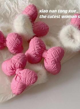 可爱百搭小枕头粉色蝴蝶结儿童发圈学生女童白色毛绒绒毛巾圈发绳