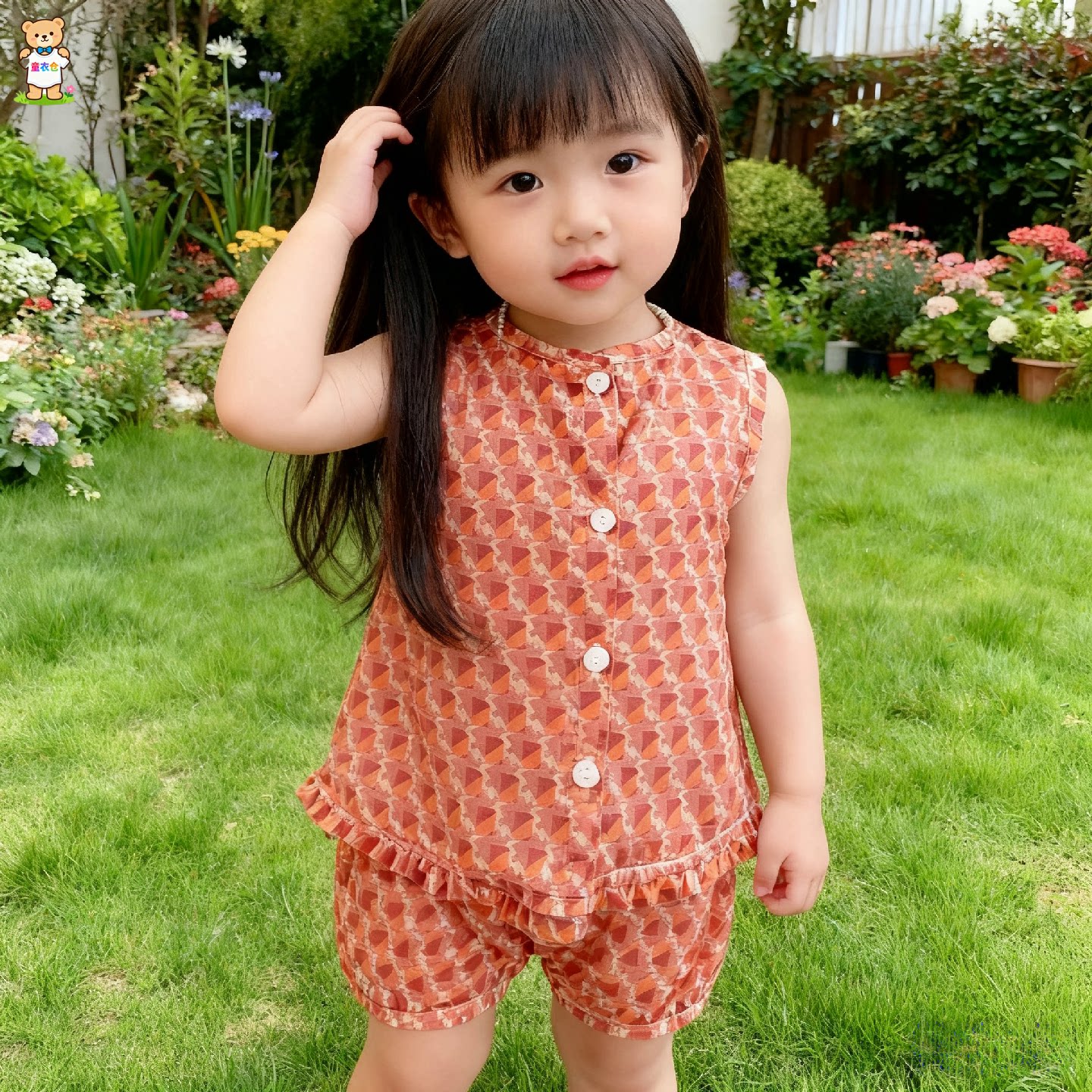 韩版童装女童套装2026新款夏多巴胺穿搭宝宝时髦橘色背心碎花短裤