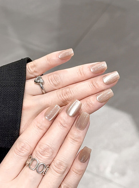NailArt裸粉色猫眼穿戴甲高级显白短方圆ins纯欲风氛围感美甲贴片