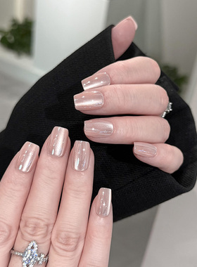 NailArt粉月光穿戴甲高级显白短方圆ins纯欲风氛围感学生美甲贴片