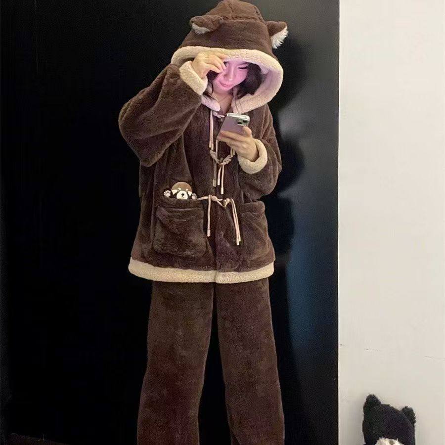 小棕猫秋冬季可爱毛茸茸连帽珊瑚绒睡衣女睡袍保暖加绒加厚家居服