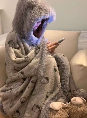 灰色凯蒂猫女生睡衣秋冬季加厚加绒珊瑚绒斗篷款睡袍美少女家居服