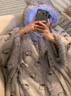韩版高级感灰色Kitty睡衣女秋冬季加厚珊瑚绒连帽斗篷睡袍家居服