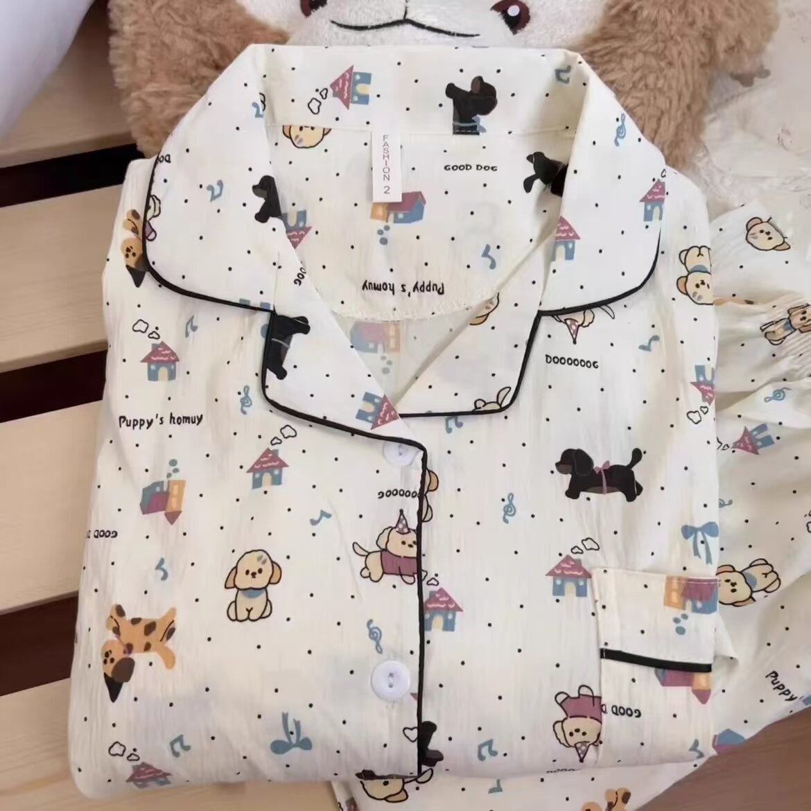 日系黑点狗狗秋季新款舒适睡衣女卡通可爱长袖长裤休闲家居服套装