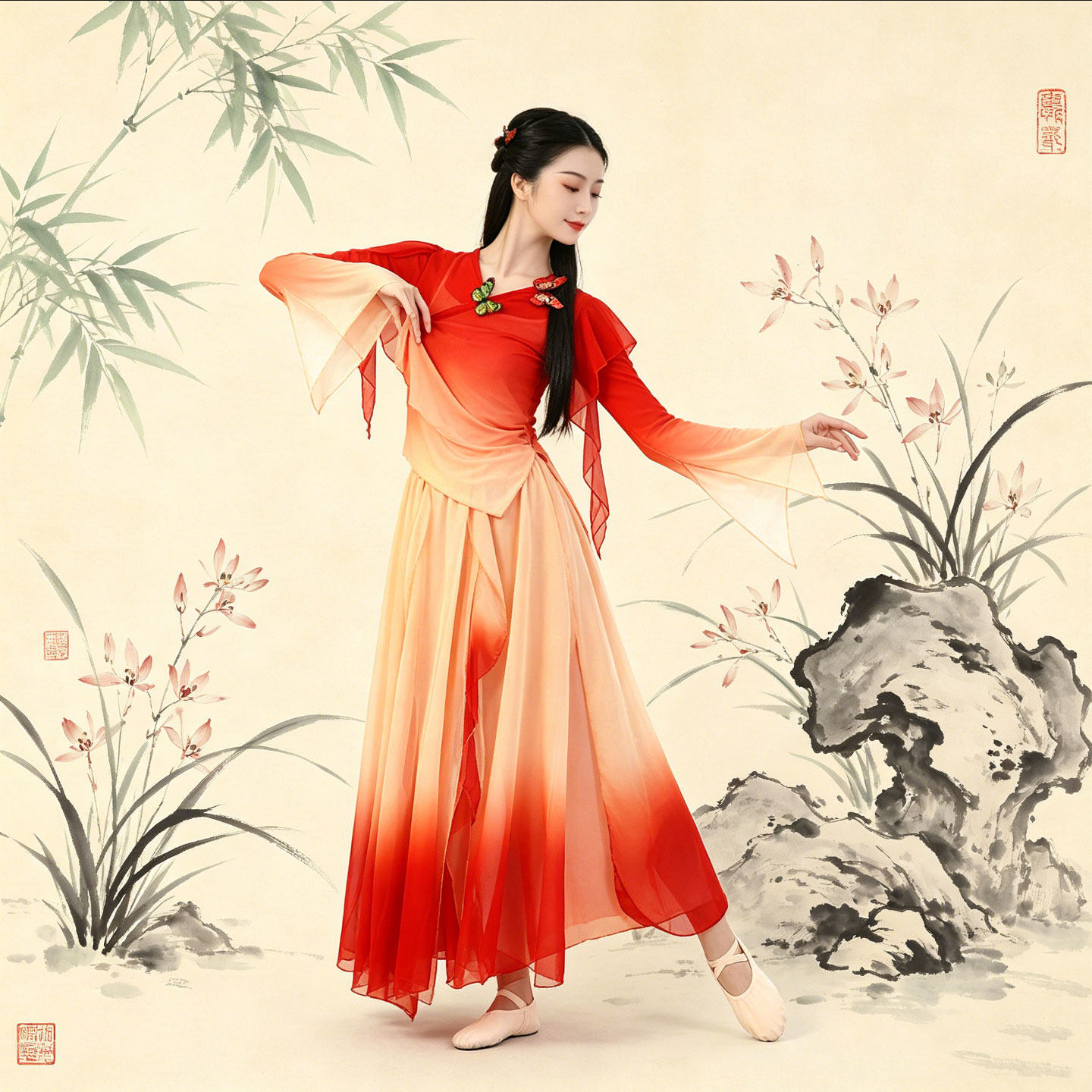 国风渐变古典舞蹈服国色天香红昭民族服装/舞台装