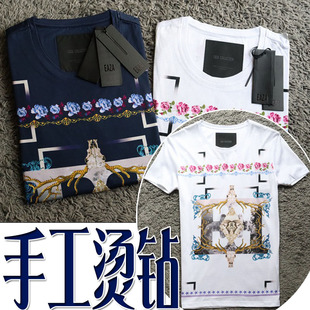 T恤16047 夏季 清仓1折纯棉手工烫钻数码 印花修身 弹性男圆领短袖