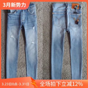 牛仔裤 男士 5596 丹宁多层水洗做旧破洞弹性修身 3折春夏薄款