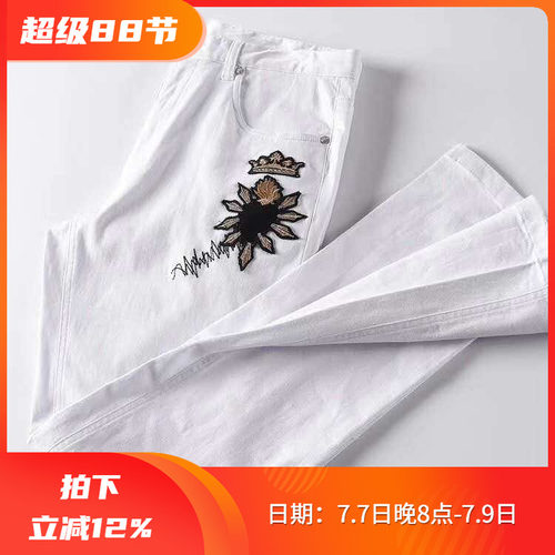 弹力柔软立体刺绣白色男牛仔裤
