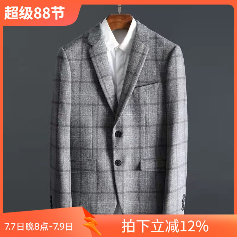 精梳羊毛灰色格子男士单西装