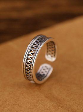 轻奢S925纯银戒指女高级感极简风格小清新甜美镂空相扣开口食指戒