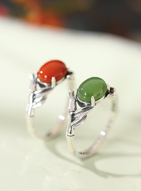 复古百搭南红和田玉碧玉竹叶戒指女泰银轻奢小众高级感食指戒