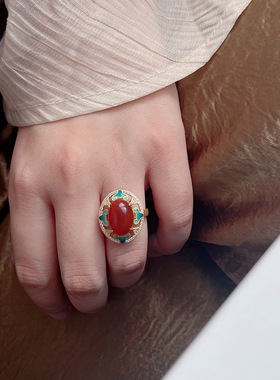 泰银国潮新中式小众南红戒指女轻奢高级感复古设计食指指环