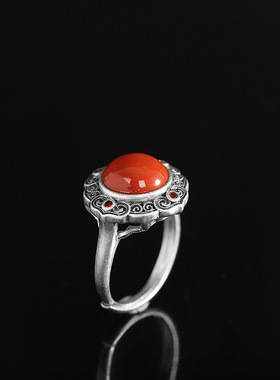 泰银古风手饰复古饰品南红石戒指男女百搭镂空花纹开口指环