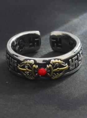 复古金刚杵戒指男潮个性仿泰银分金食指戒时尚高级感心经男士指环