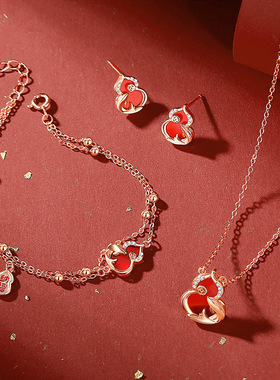 招财葫芦项链女轻奢小众红色锦鲤锁骨链时尚简约民族风三件套饰品