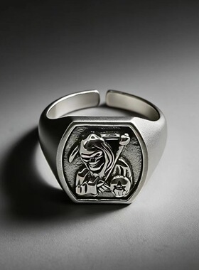 泰银暗黑系骷髅镰刀图章戒指做旧质感潮男酷女中性风开口指环