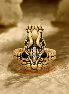 泰银潮牌黑金戒指松鼠指环复古做旧开口可调节男女百搭指环