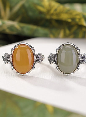 民族风泰银和田玉晴水玉蜜蜡金刚杵复古做旧个性蛋面戒指指环