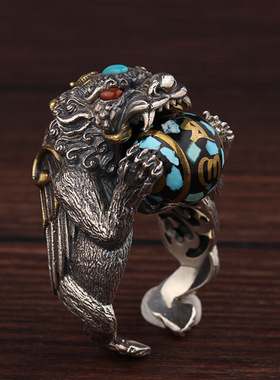 925纯银貔貅抱球戒指男个性霸气复古开口可调节银指环
