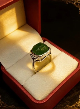 泰银晴水玉复古做旧吉祥花纹方形戒指设计感开口可调节指环